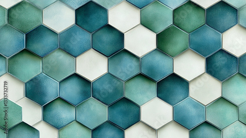 An intricate 3D pattern of hexagonal tiles in shades of teal, featuring a rugged texture and occasional white tiles for a striking, industrial aesthetic.