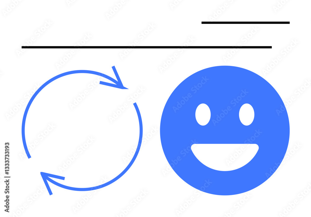 Circular arrows representing cycle next to a smiling face, illustrating positivity, feedback, renewal, balance, and satisfaction. Ideal for innovation, customer satisfaction, teamwork motivation Circular arrows representing cycle next to a smiling face, illustrating positivity, feedback, renewal, balance, and satisfaction. Ideal for innovation, customer satisfaction, teamwork motivation