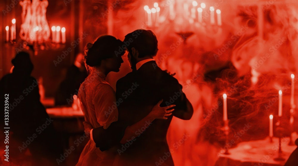 Fototapeta premium A haunted Victorian ballroom with elegantly dressed spirits waltzing under cobwebbed chandeliers and flickering candlelight 