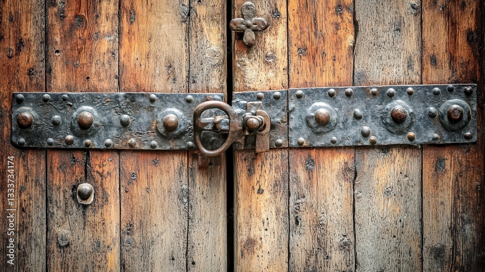 Rustic Wooden Door with Iron Lock and Strap Detail Rustic Wooden Door with Iron Lock and Strap Detail