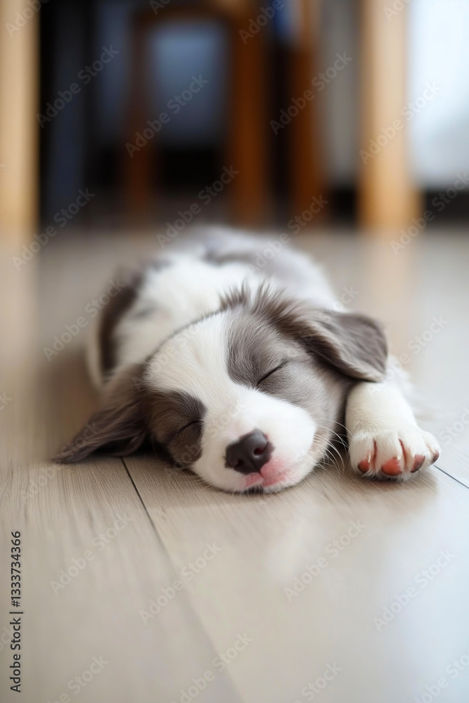 Australian shepherd puppy sleeps peacefully on a wooden floor, enjoying a moment of tranquility. Australian shepherd puppy sleeps peacefully on a wooden floor, enjoying a moment of tranquility.