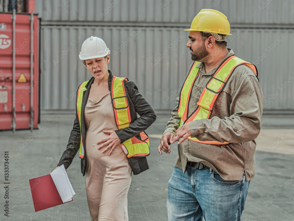 Pregnant woman, team or shipping container in a company revenue generating meeting, report or planning, personnel, human resources manager or recruiter who is pregnant,