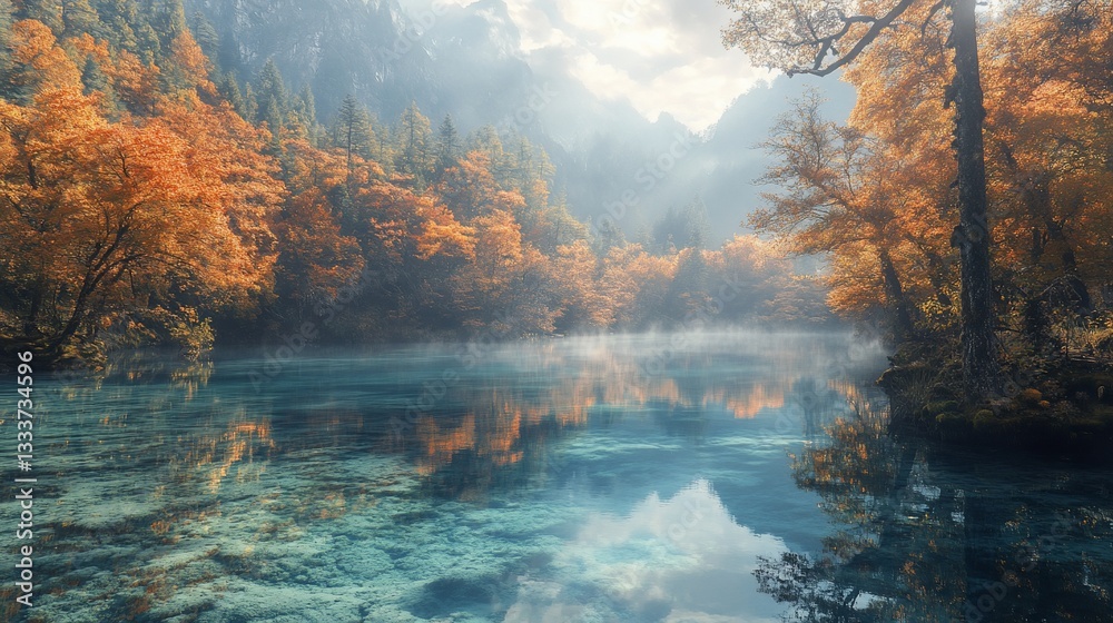 Naklejka premium Serene Autumn Landscape with Crystal Clear Lake Reflecting Golden Foliage