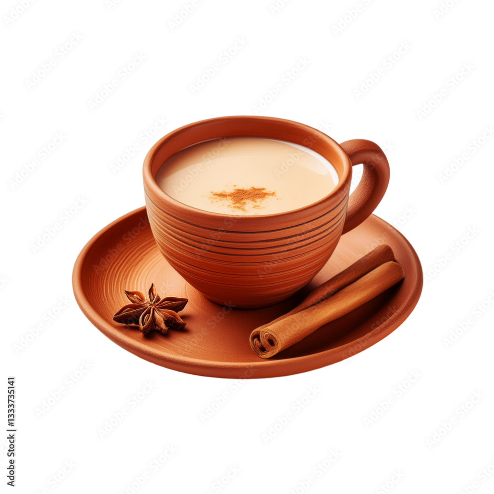 Clay cup and plate of cinnamon tea on transparent background