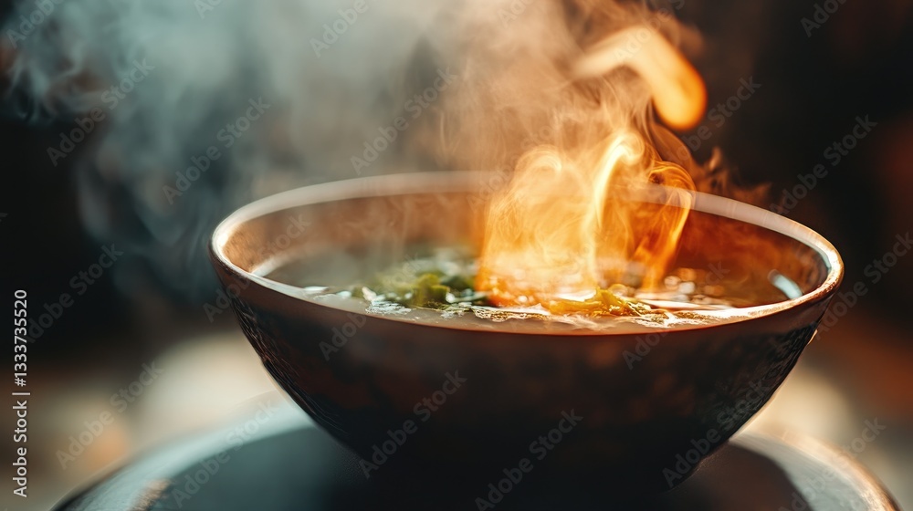 Steam Rising from Hot Bowl of Delicious Soup with Vibrant Ingredients and Warm Glow in Cozy Setting Steam Rising from Hot Bowl of Delicious Soup with Vibrant Ingredients and Warm Glow in Cozy Setting