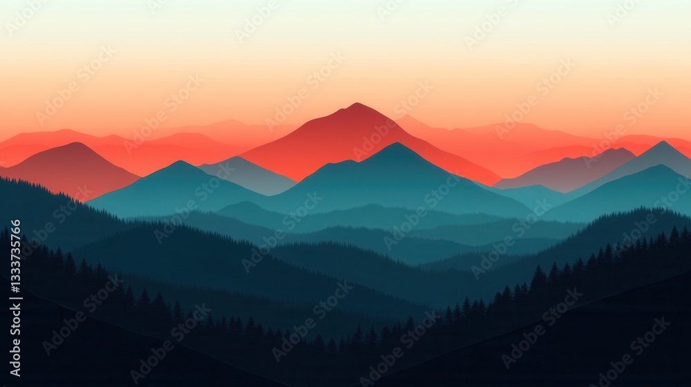 Fototapeta premium Majestic Sunset over Serene Mountain Ranges A Breathtaking Panorama of Nature's Beauty
