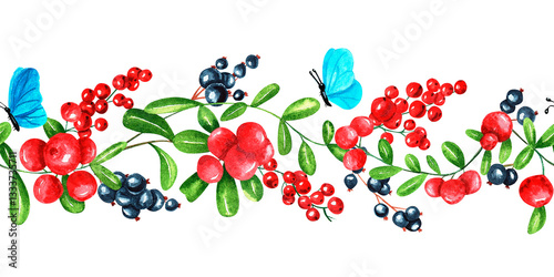 Wallpaper Mural Watercolor illustration, hand drawn seamless border on a white background. Red currant, black currant, cowberries, twigs, leaves Torontodigital.ca
