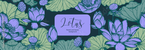 Lotus flowers and leaves sketch outline illustration banner template. Line art floral botany drawing in engraving style. Hand drawn vector clipart for invitations, covers, card design