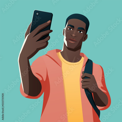 Young African American man wearing casual hoodie and backpack taking selfie photo with smartphone isolated on turquoise background modern trendy male character using mobile device for social media