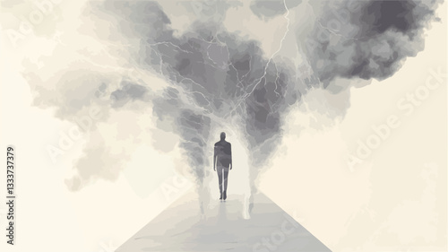 The image is a grayscale artwork, possibly a watercolor painting or digital illustration, depicting a lone male figure walking along a path that recedes into a hazy, ethereal landscape.  The