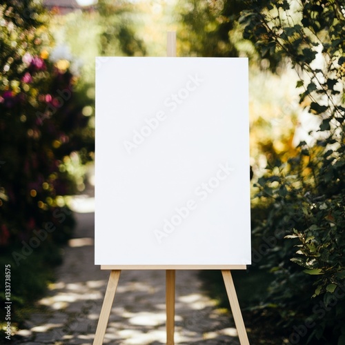 Blank easel sign in garden setting