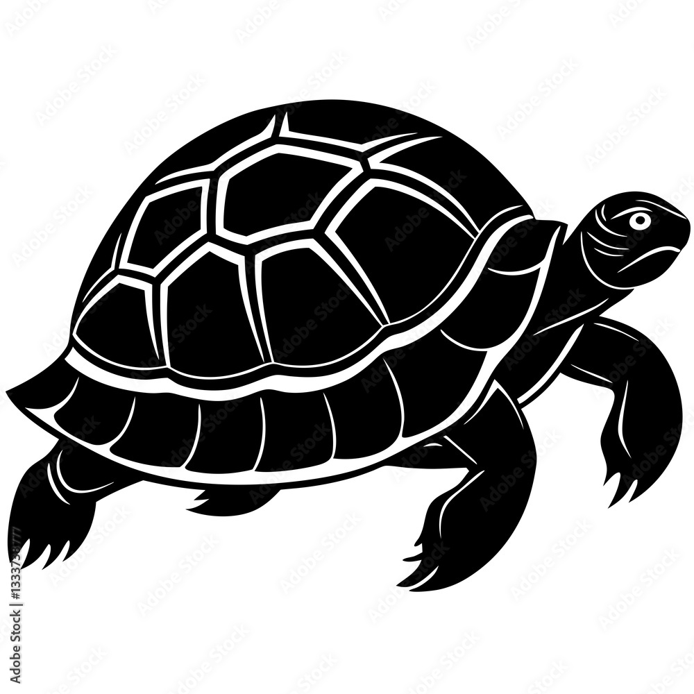 a black silhouette of a tortoise walking with its head slightly extended forward 