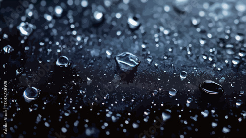 Close-up macro photograph of numerous water droplets of varying sizes on a dark, possibly metallic, surface. The droplets exhibit high reflectivity and surface tension. The background is