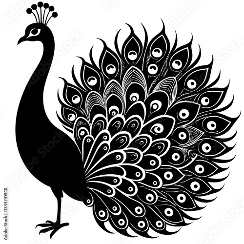 an elegant black silhouette of a peacock standing sideways 