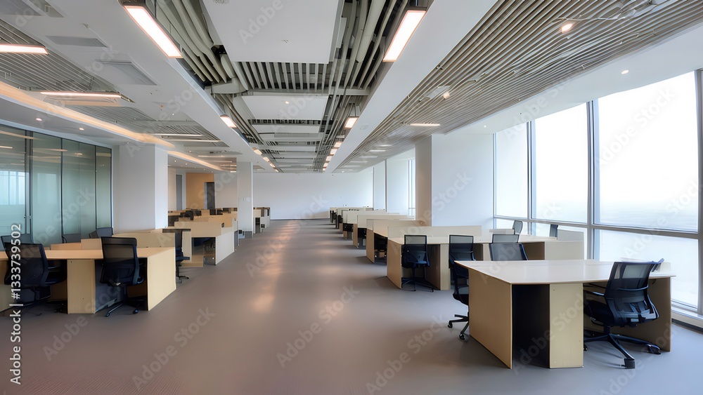 Modern Office Interior with Empty Desks and Large Windows Modern Office Interior with Empty Desks and Large Windows