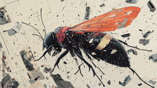 The image is a high-resolution close-up photograph or digital illustration of a wasp-like insect. The insect is predominantly black with striking red markings on its wings.  The wings display a