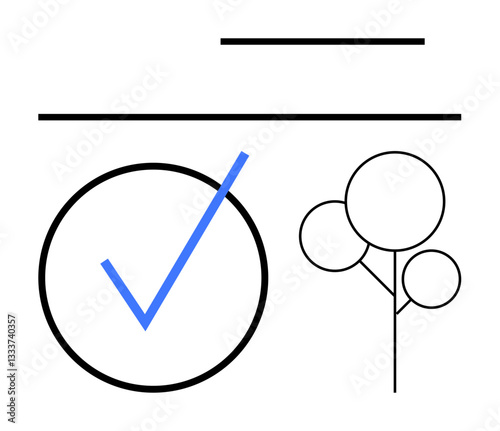 Blue checkmark within circle, simple linear tree shape, and horizontal lines. Ideal for themes thumbs up approval, success, validation, minimalism, environment organization clarity. Flat simple