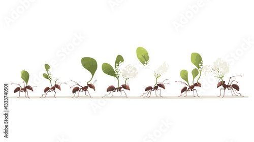 A digital illustration depicting a series of stylized ants carrying various stages of plant growth, from small sprouts to full flowers. The ants are cartoonish in style, with exaggerated features.