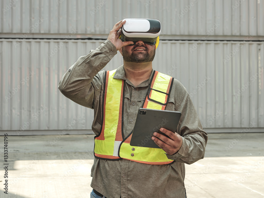 A construction worker wearing a virtual reality headset and hold digital tablet
