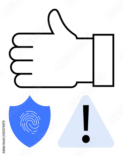 Thumbs up hand for positive action, shield with fingerprint for security, warning triangle with exclamation for caution messages. Ideal for safety, decision-making, technology, trust, alerts