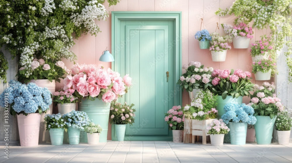 Fototapeta premium Charming Parisian flower shop with pastel decor and vibrant blooms Generative AI