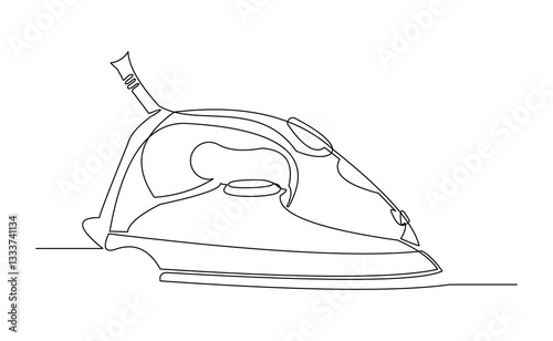 Continuous single line of electric iron clothes home appliance sketch drawing editable stroke vector illustration