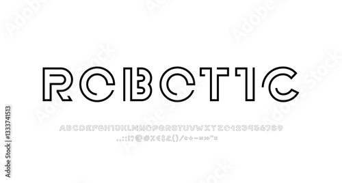 Technology font, digital cyber alphabet made future space style, letters A, B, C, D, E, F, G, H, I, J, K, L, M, N, O, P, Q, R, S, T, U, V, W, X, Y, Z and numerals 0 to 9 made line