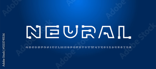 Font digital cyber alphabet, trendy white letters A, B, C, D, E, F, G, H, I, J, K, L, M, N, O, P, Q, R, S, T, U, V, W, X, Y, Z and numerals 0, 1, 2, 3, 4, 5, 6, 7, 8, 9