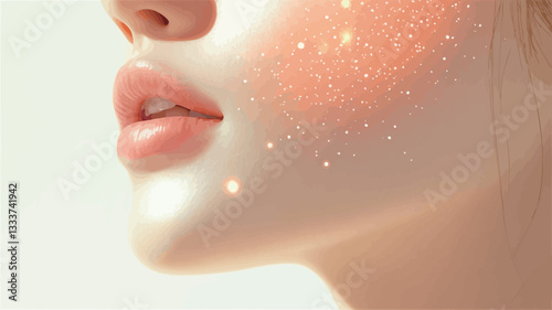 Close-up profile view of a woman's face. The image features soft, peach and light pink tones. The skin has a luminous quality with subtle sparkles or highlights concentrated on the cheek area. The