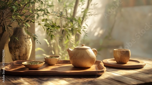 Serene Tea Ceremony Setting Beige Teapot and Cups on Rustic Wooden Table in Warm Sunlight