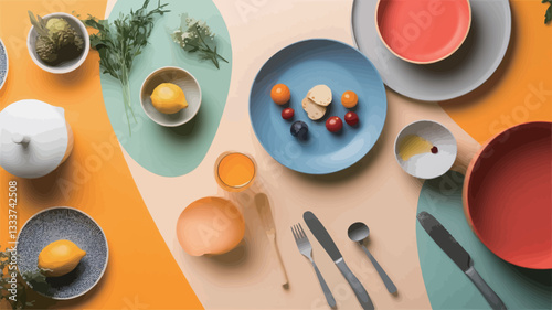 High-angle, close-up shot of a flatlay composition featuring a variety of colorful tableware including plates and bowls in pastel shades of blue, orange, and gray.  The tableware is arranged on a