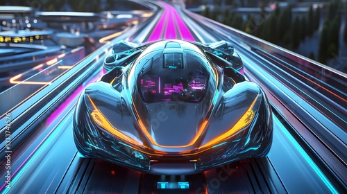 Futuristic Silver Car Speeding on Glowing Neon Track Above City at Night