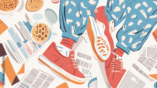 A digital illustration, viewed from a high angle, depicts a pair of feet wearing red sneakers and blue patterned pants positioned above a collection of scattered objects. These objects include what