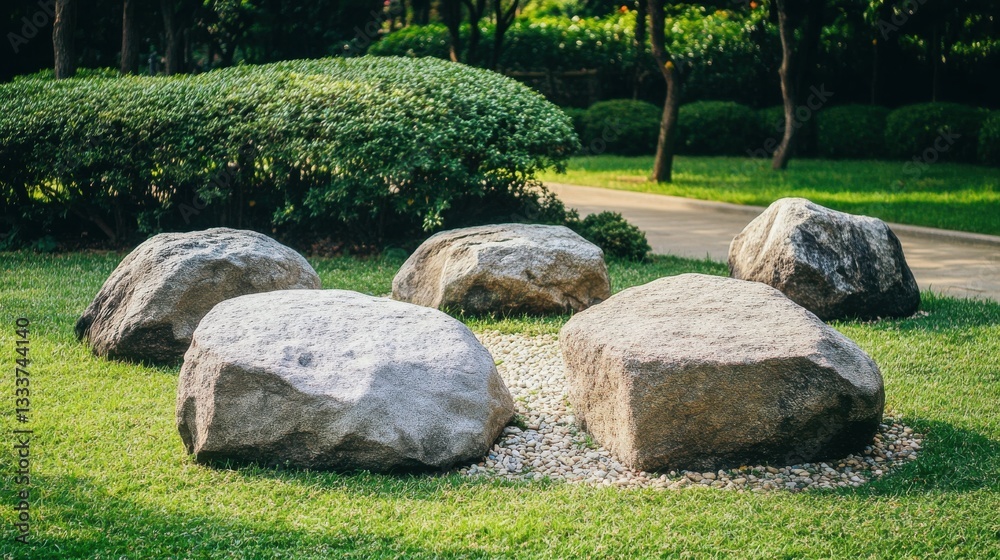 Natural Garden Stones Surrounded by Green Grass and Plants Natural Garden Stones Surrounded by Green Grass and Plants