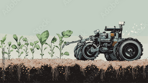 Stylized illustration depicting a dark-colored tractor cultivating a row of young green plants. The plants are depicted in a simplified manner with visible leaves and stems. The tractor is shown in
