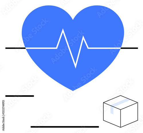 Blue heart with white electrocardiogram line, representing health and vitality. Small package box suggests delivery or care. Ideal for wellness, logistics, healthcare, fitness, charity, online