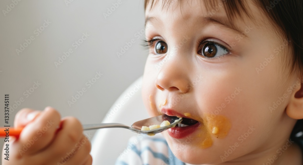 Caucasian male infant eating in high chair with spoon and baby food on face Caucasian male infant eating in high chair with spoon and baby food on face