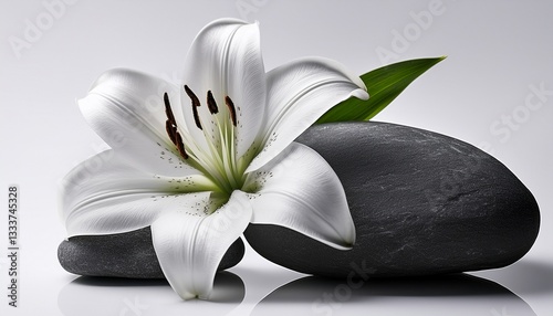 charcoal grey rock and lily in a white planter charcoal grey flower