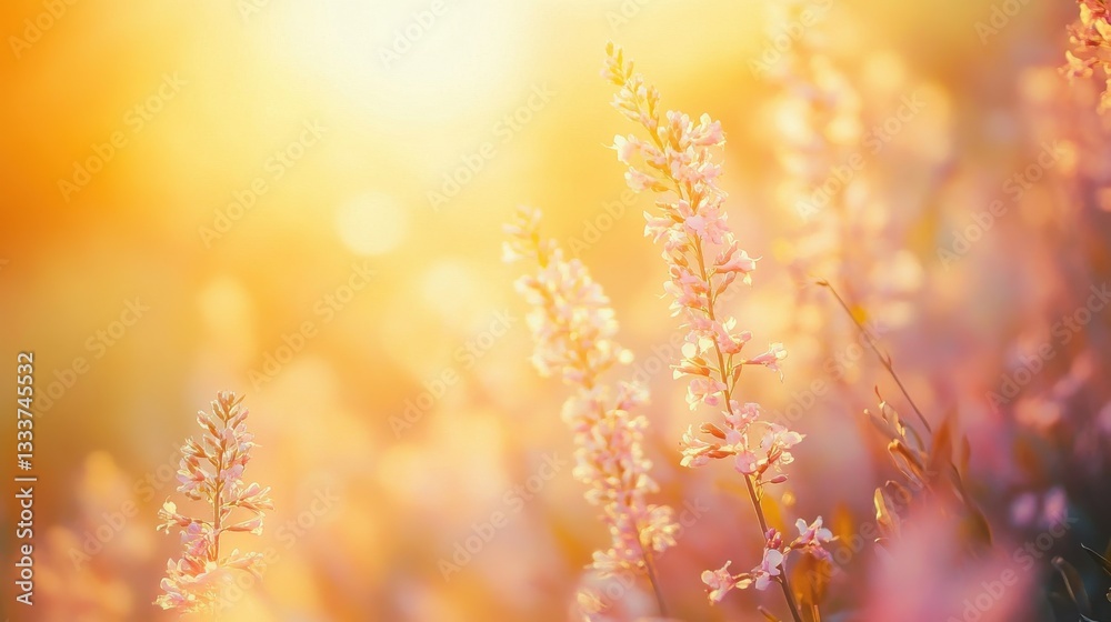 Soft Sunset Glow Over Delicate Pink Flowers in Nature Scene