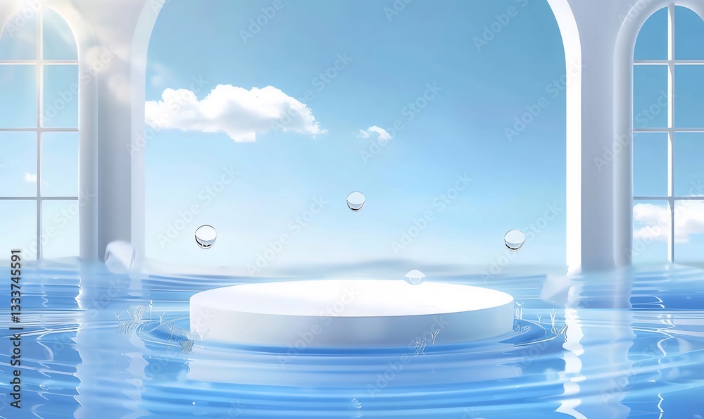 White Circular Platform in Blue Water with Arch Windows and Sunlight White Circular Platform in Blue Water with Arch Windows and Sunlight
