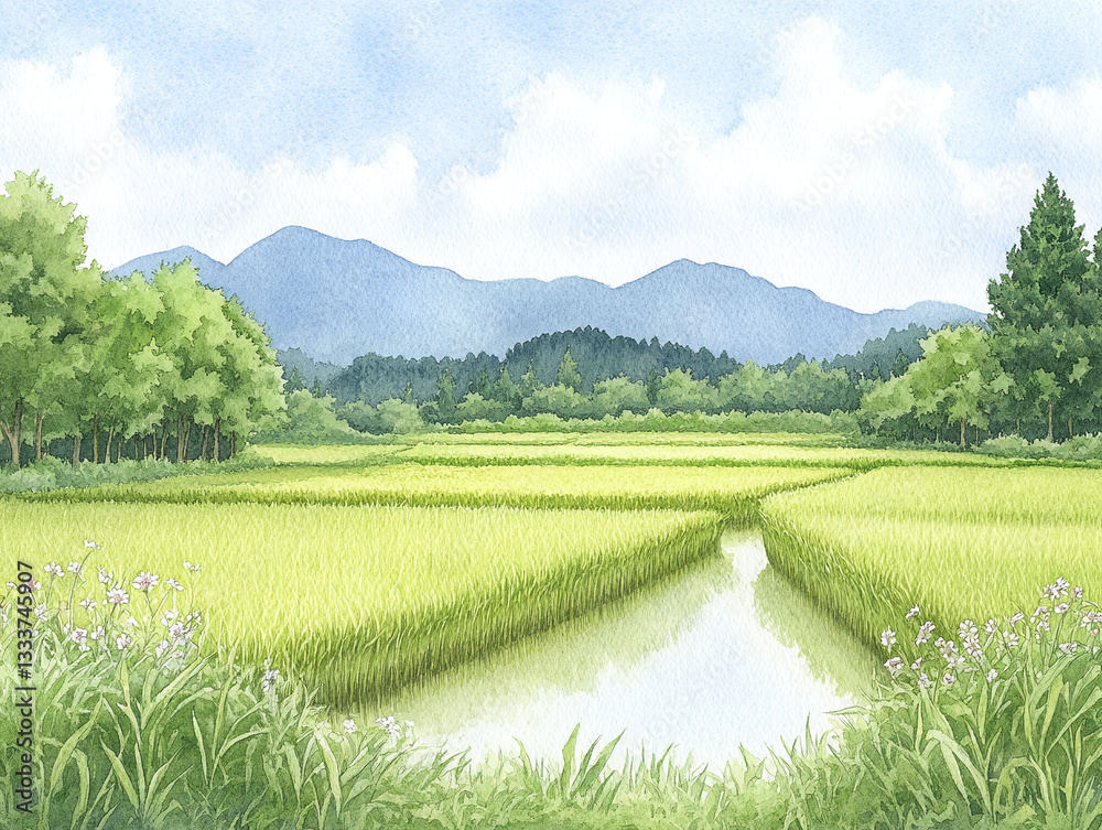 Naklejka premium Serene Watercolor Landscape of Rice Paddies and Mountains