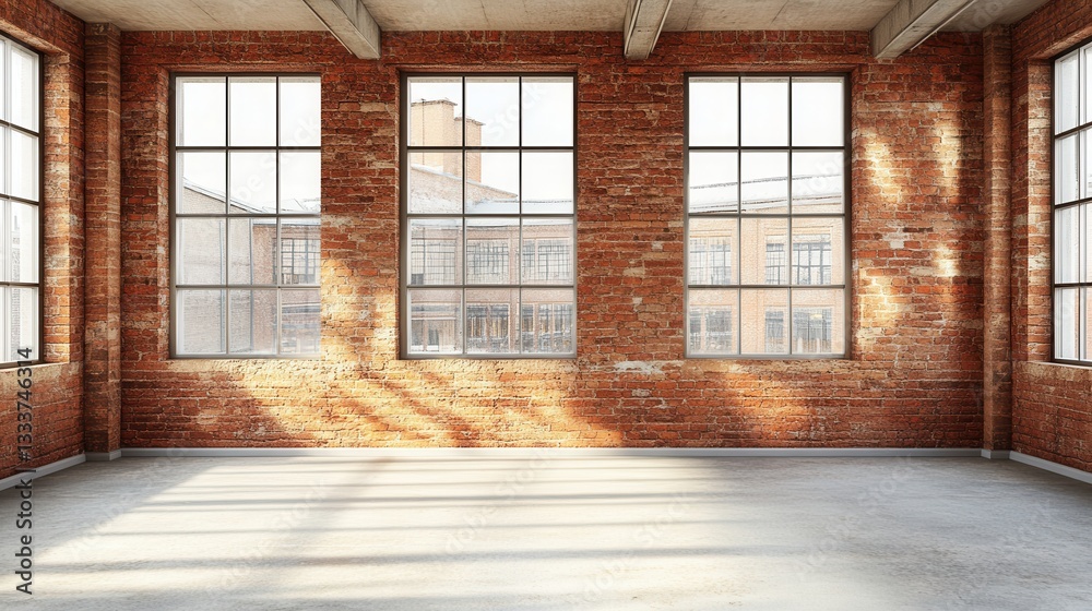 Spacious brick wall interior with large windows and natural light