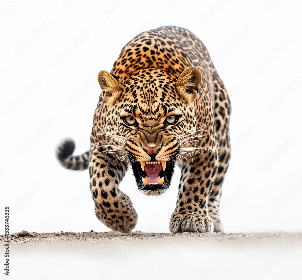 Naklejka premium Fierce Leopard Stalking Its Prey with Intense Gaze and Striking Fur Patterns Against a White Background for Wildlife Photography