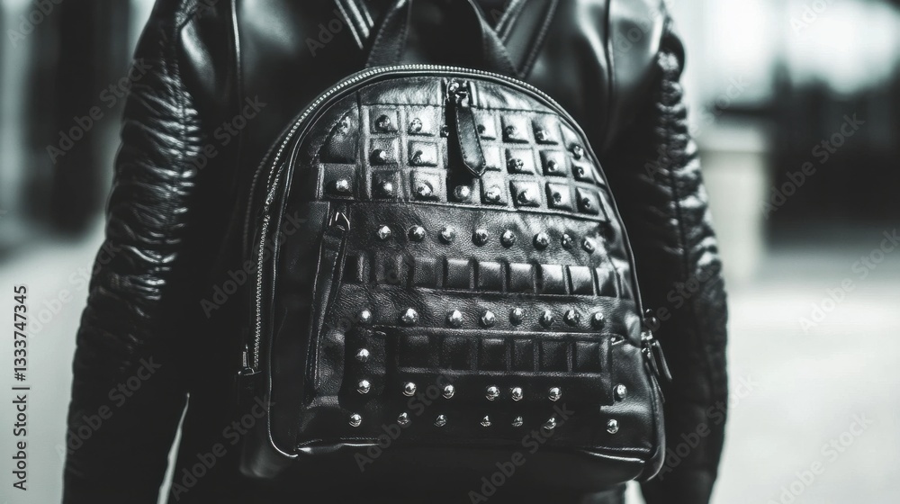 Stylish black leather backpack with studs and quilted design
