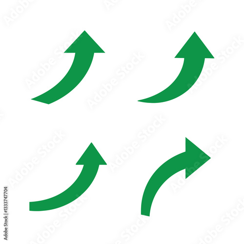 Set of smooth curved green arrows indicating growth and direction on white background. set of green arrows