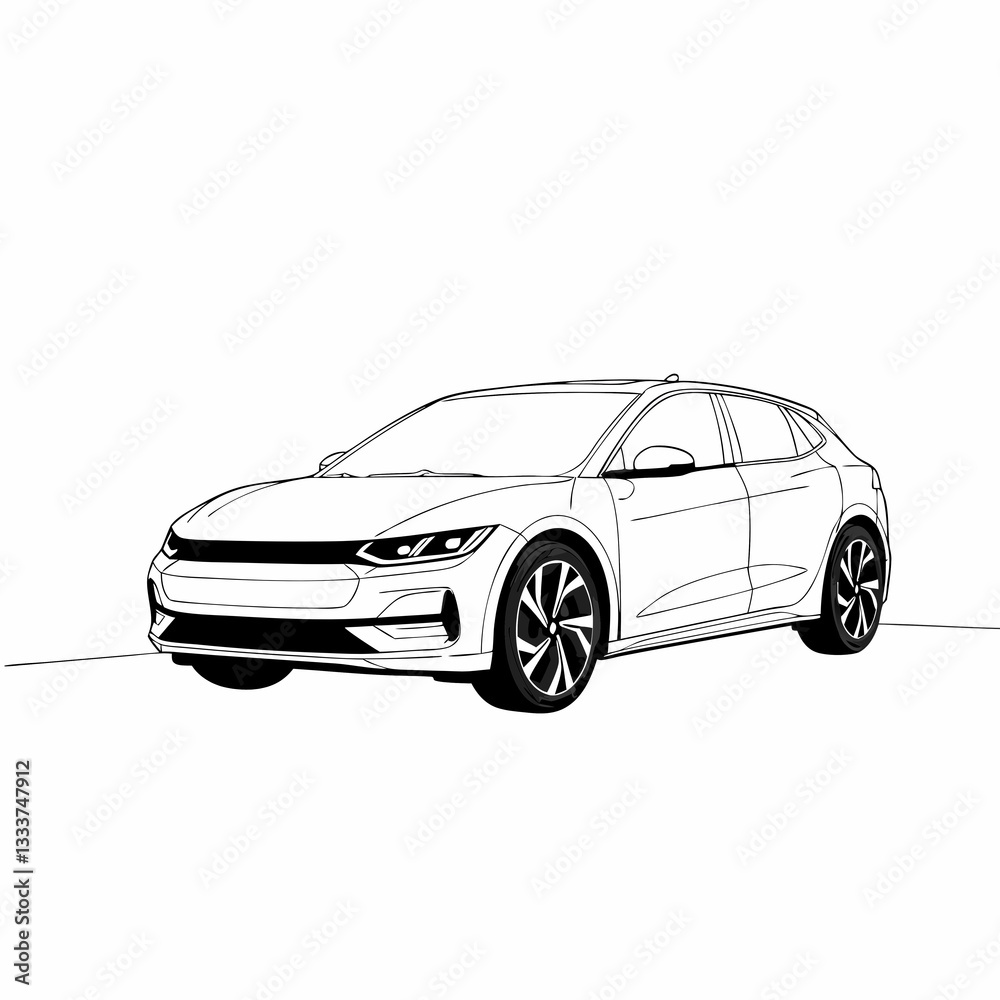 Obraz premium Stylized outline of a modern car in side view on white background, minimalistic design, copy space