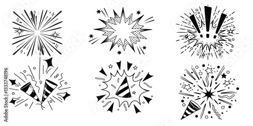 Hand-drawn, doodle-style vector illustration featuring an explosion or surprise burst effect