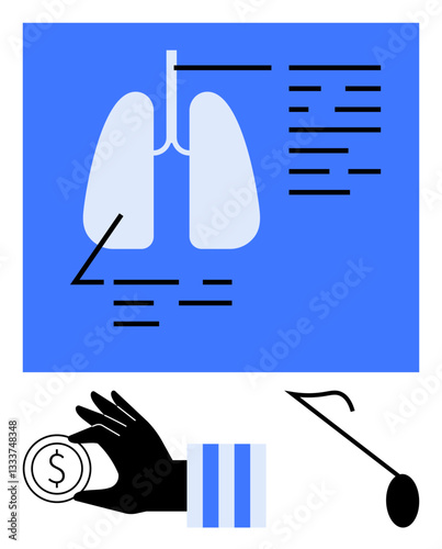 Abstract depiction of human lungs diagram with notes, financial coin in hand, and stethoscope. Ideal for healthcare, medical research, funding, diagnostics, healthcare costs, medical equipment