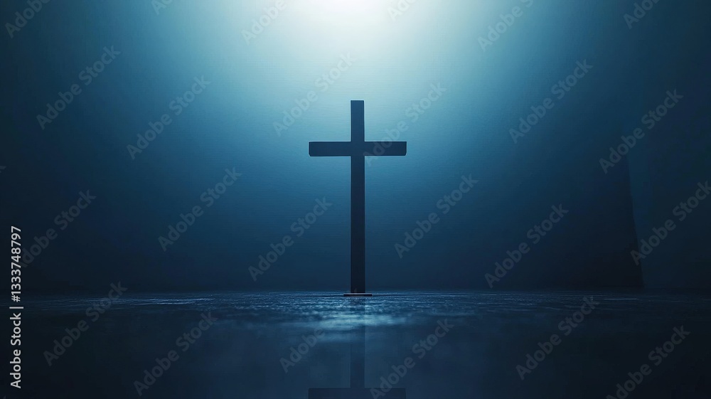 Naklejka premium Serene Easter background with soft bokeh and a glowing cross at the center, perfect for religious websites, church invitations, or spiritual event announcements. 