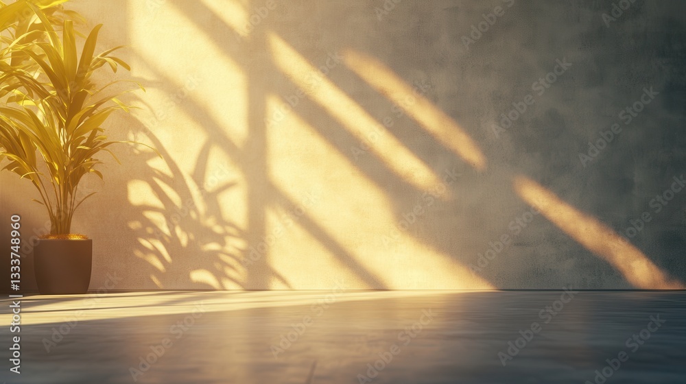 Sunlight Casting Shadows on Wall with Potted Plant in Modern Space